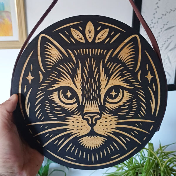 Plaquinha Decorativa Redonda em Madeira - Gato - Imagem 2