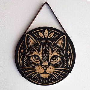 Plaquinha Decorativa Redonda em Madeira - Gato