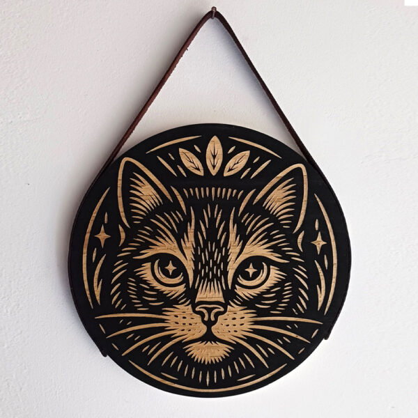 Plaquinha Decorativa Redonda em Madeira - Gato