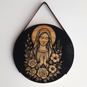 Plaquinha Decorativa Redonda em Madeira - Tema Religioso: Virgem Maria
