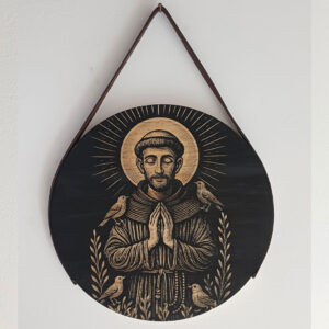 Placa Decorativa Redonda em Madeira Santo São Francisco de Assis