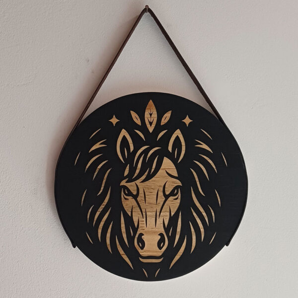 Placa Decorativa Redonda em Madeira - Cavalo