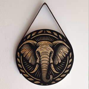 Quadro Placa Decorativa Redonda em Madeira - Elefante